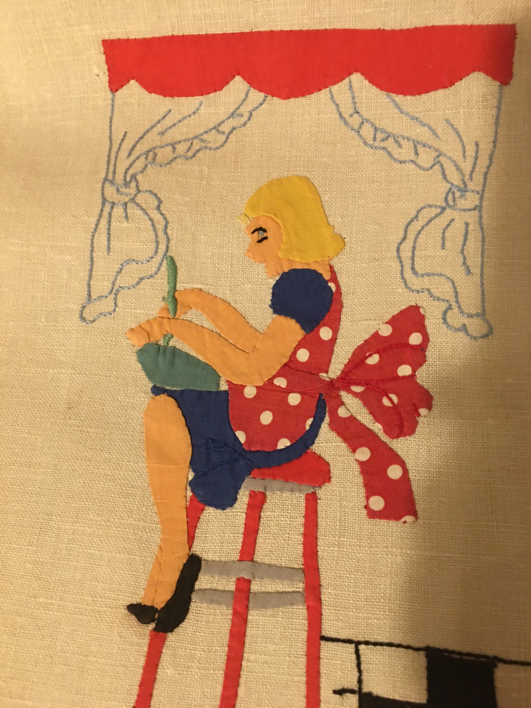 Adorable Vintage HAND APPLIQUÉD TOWEL lady in Kitchen Etsy