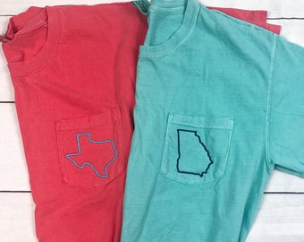 State Outline Tshirt, ALL 50 STATES, Comfort Colors Shirt, Embroidered State outline Tee, Personalized Shirt, 6030