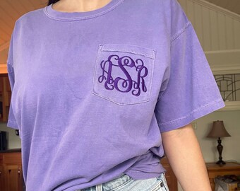 Monogrammed Tee, Embroidered Short Sleeve Shirt, Comfort Colors Shirt, Monogram Pocket Shirt, monogram pocket tee for women, 6030