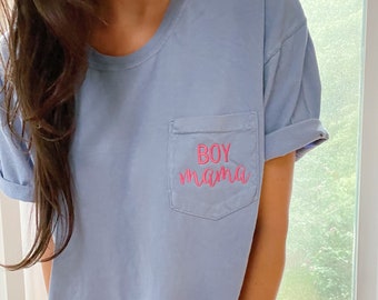 Embroidered Mama T-shirt,  Mama tee, Comfort Colors, Mom pocket t-shirt