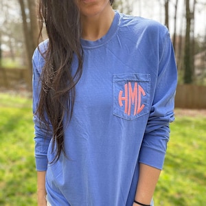 In Stock Clearance, Long Sleeve Monogrammed Tee, Comfort Colors Shirt, monogram pocket t-shirt, Monogrammed Tshirt, 4410