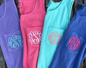 Monogrammed Tank Top, Pocket tank top, Embroidered Tank top, Monogram tank top, Comfort Colors Tank Top