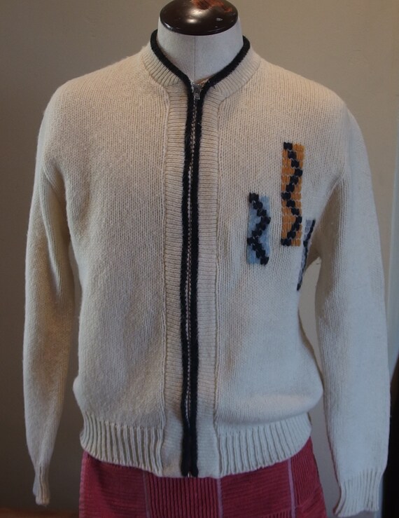 1950s 1960s Mens Front Metal Zipper Knit Cardigan