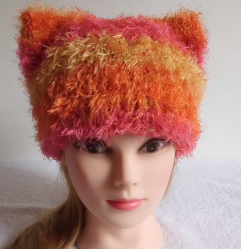 Fluffy Hat Knitted Soft Hat French Beret Orange Yellow Stripes Pussy Hat Hand Knit Pink Knitted Hat Trendy Knit Womens Cat Ear Hat