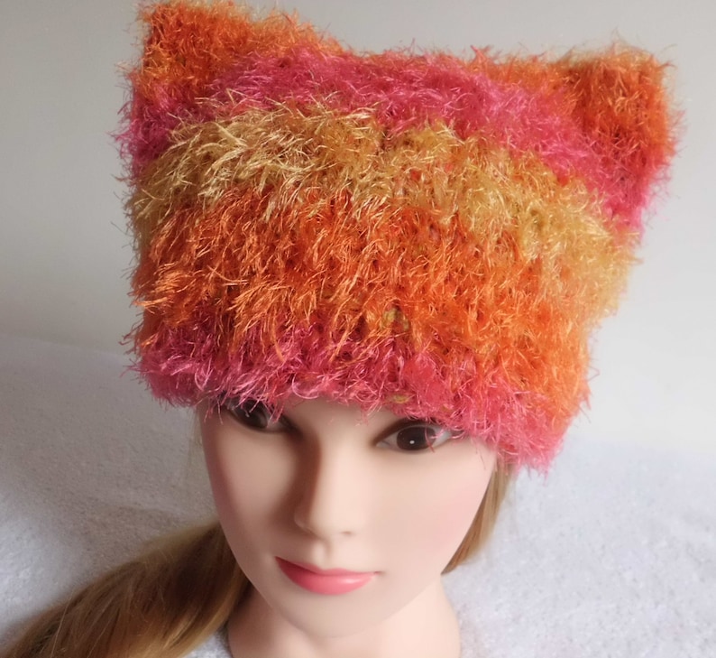 Fluffy Hat Knitted Soft Hat French Beret Orange Yellow Stripes Pussy Hat Hand Knit Pink Knitted Hat Trendy Knit Womens Cat Ear Hat