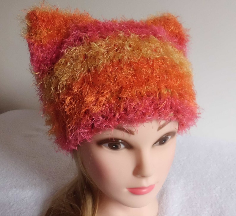 Fluffy Hat Knitted Soft Hat French Beret Orange Yellow Stripes Pussy Hat Hand Knit Pink Knitted Hat Trendy Knit Womens Cat Ear Hat