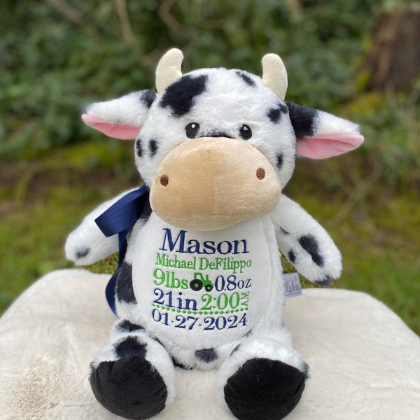 Personalized Cow, Personalized Stuffed Animal, Embroidered, Cow, Keepsake, Personalized Cow, Monogram, Birth Stats, Name, New Baby Gift