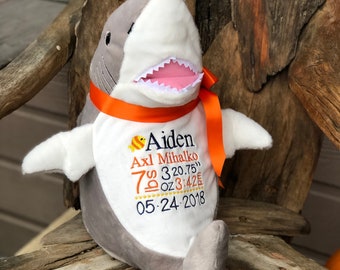 Personalized Embroidered Shark Keepsake - Monogram, Birth Stats, Name, Custom Message