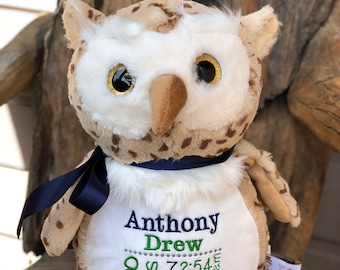 Personalized Stuffed Animal, Personalized Owl, Birth Announcement, Embroidered Animal, Birth Stats Animal, Embroidered Stuffed Animal