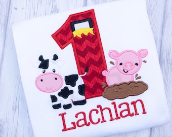 1st Farm Birthday Shirt - Embroidered - Farm Animal Birthday Shirt - Barnyard Party