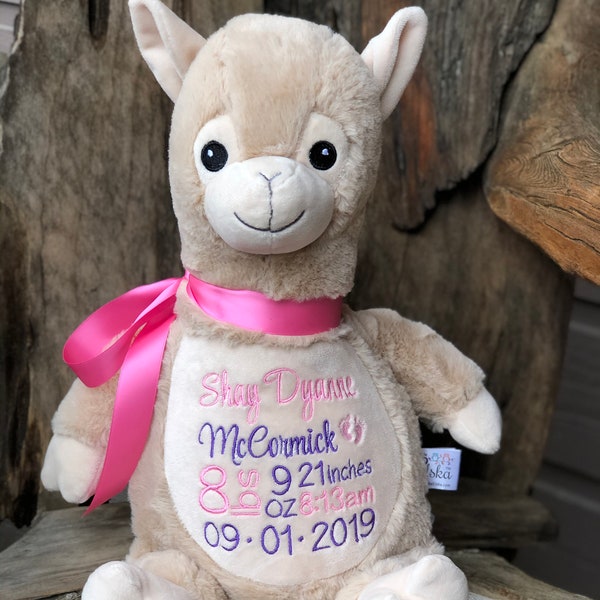 Personalized Stuffed Animal, Personalized llama, Birth Announcement, Embroidered Animal, Birth Stats Animal, Embroidered Stuffed Animal