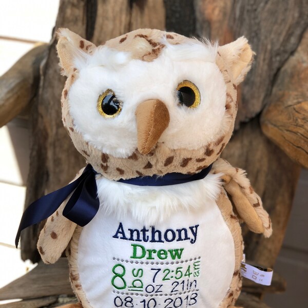 Personalized Stuffed Animal, Personalized Owl, Birth Announcement, Embroidered Animal, Birth Stats Animal, Embroidered Stuffed Animal