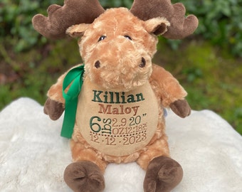 Personalized Stuffed Animal, Personalized Moose, Birth Announcement, Embroidered, Birth Stats Animal, Embroidered Stuffed Animal, Moose