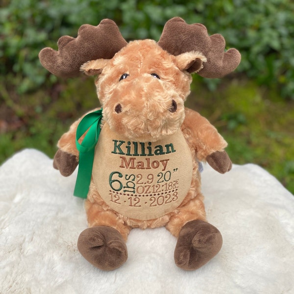 Personalized Stuffed Animal, Personalized Moose, Birth Announcement, Embroidered, Birth Stats Animal, Embroidered Stuffed Animal, Moose