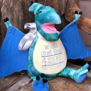Personalized Stuffed Animal, Personalized Pterodactyl, Birth Announcement, Embroidered Animal, Birth Stat Animal, Dinosaur Stuffed Animal