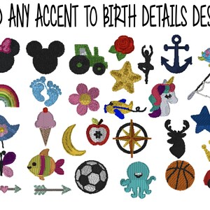 May include: A collection of colourful embroidered patches featuring various designs, including a mermaid, a rainbow, a unicorn, a crown, a star, a heart, a tractor, a musical note, a fish, a football, a butterfly, a paw print, a bone, a flower, a deer, a turtle, an anchor, a compass, a basketball, a car, a bird, a crescent moon, an apple, a pair of footprints, a Mickey Mouse head, a pair of arrows, a moustache, an ice cream cone, an octopus, and a fishing rod.