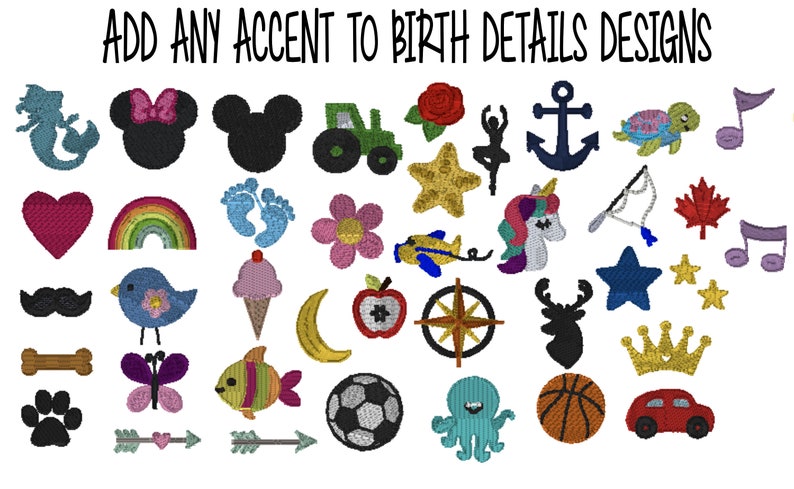 May include: A collection of colourful embroidered patches featuring various designs, including a mermaid, a rainbow, a unicorn, a crown, a star, a heart, a tractor, a musical note, a fish, a football, a butterfly, a paw print, a bone, a flower, a deer, a turtle, an anchor, a compass, a basketball, a car, a bird, a crescent moon, an apple, a pair of footprints, a Mickey Mouse head, a pair of arrows, a moustache, an ice cream cone, an octopus, and a fishing rod.
