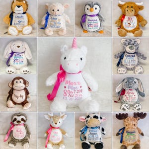 May include: A collection of personalized plush animal toys, including a lion, lamb, penguin, bull, bunny, unicorn, monkey, bear, and more. Each plush features embroidered details with names, dates, and measurements, perfect for baby gifts.