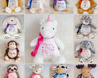 Personalized stuffed animal, embroidered, birth announcement animal, baby stat gift, new baby gift, personalized gift