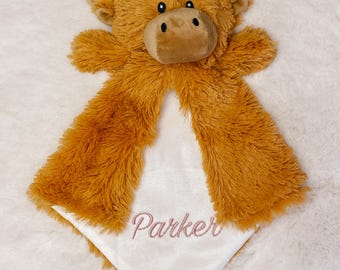 Personalized Highland Cow Lovey Blanket: Embroidered Baby Security Blanket