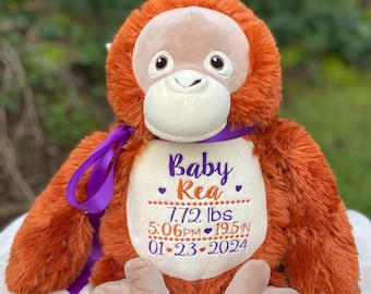 Personalized Monkey, Embroidered Birth Stat Monkey, Keepsake Stuffed Animal
