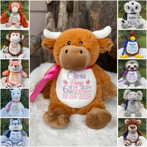 May include: A plush highland cow stuffed animal with brown fur and white horns. The white belly patch is embroidered with the name Olivia Paige, birth weight 6 lbs 14 oz, length 18.5 IN, time 5:06 PM, and the date 01-09-2024 in pink and purple thread.