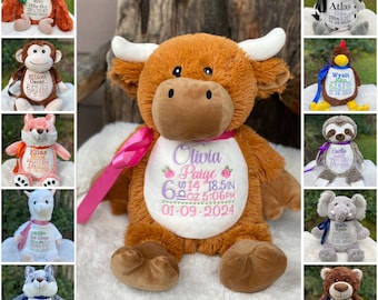 Personalized embroidered birth announcement animal, baby stat gift, new baby gift