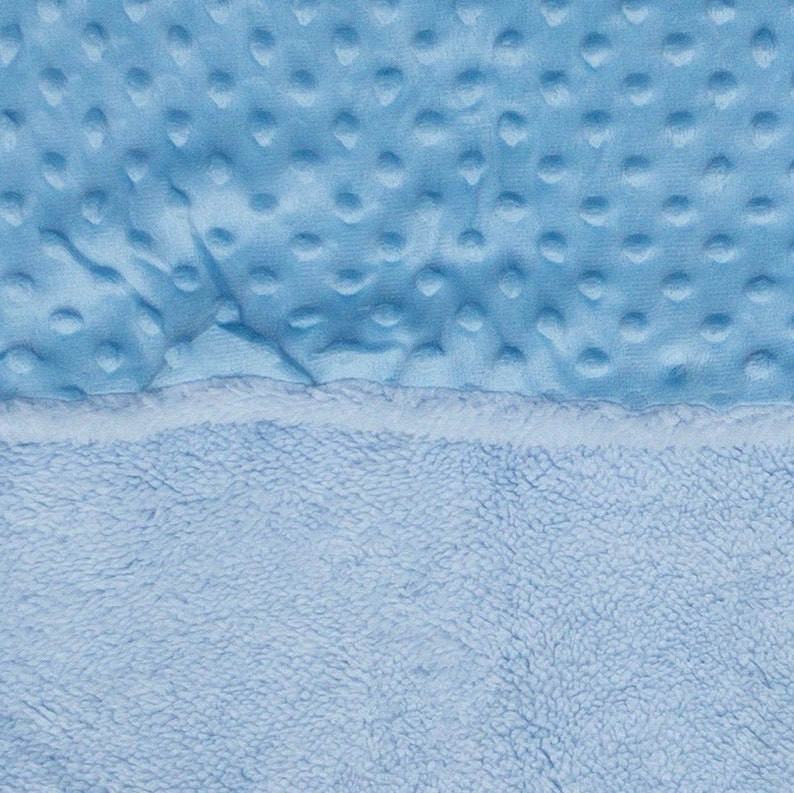 May include: A soft blue baby blanket with a textured side and a fluffy side.