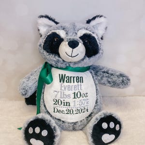 Personalized Stuffed Animal, Personalized Racoon, Birth Stat Animal, Embroidered Stuffed Animal, Birth Announcement, New Baby Gift, Racoon