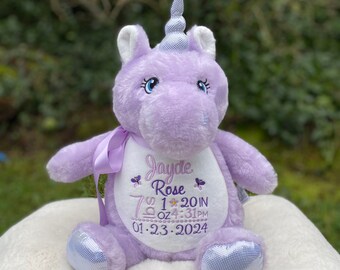 Personalized Unicorn,  Embroidered Animal, Personalized Stuffed Animal, Unicorn Keepsake, Birth Stats, Unicorn stuffed Animal, New Baby gift