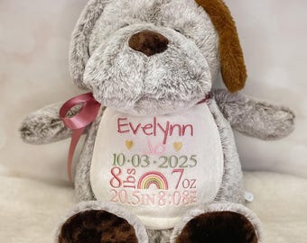 Personalized Puppy Birth Stats Stuffed Animal, Embroidered Baby Keepsake