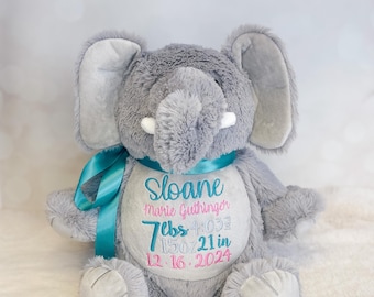 Personalized Stuffed Animal, Personalized Elephant, Embroidered Stuffed Animal, Birth Announcement, Embroidered Animal, New Baby Gift