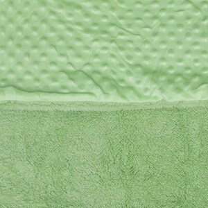 May include: A soft, green blanket with a textured, quilted top and a fluffy, plush bottom.