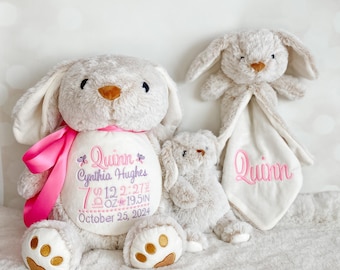 Embroidered Bunny Gift Set: Plush Toy, Lovie, Mini Stuffed Animal