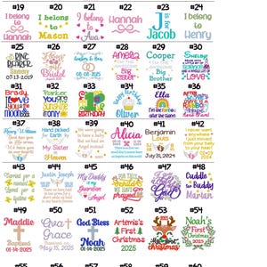 May include: A collection of forty-eight distinct embroidery designs labeled from number 13 to 60, featuring various colorful fonts, names, dates, and graphic elements such as hearts, stars, crosses, rainbows, and holiday themes for personalized items.