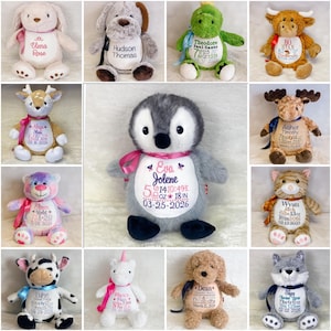 May include: A collection of thirteen plush stuffed animals, including a penguin, bunny, dog, dinosaur, cow, and moose, each featuring a personalized embroidered white belly patch with names, birth dates, weights, and lengths in imperial units.