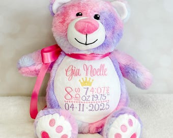 Personalized Embroidered Teddy Bear Birth Stats Keepsake Gift for New Baby Shower