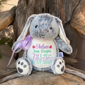 May include: Gray plush bunny with embroidered details. The bunny is sitting on a wooden chair. The embroidery reads "Chelsea Joan Cooper 7 lbs 1 oz 48 cm 10-07-2021".