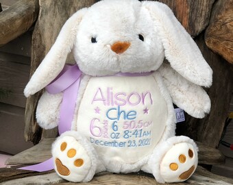 Personalized Embroidered Cream Bunny Keepsake Stuffed Animal - Monogram, Birth Stats, Name, Custom Message