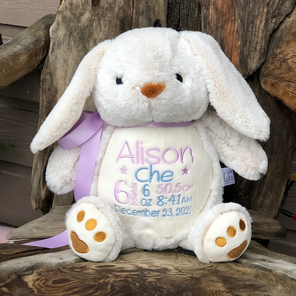 Personalized Embroidered Cream Bunny Keepsake Stuffed Animal - Monogram, Birth Stats, Name, Custom Message