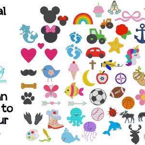 May include: A collection of colorful machine embroidery designs featuring various icons including animals, sports equipment, vehicles, flowers, and shapes. Text on the left reads: Additional Birth Stat Symbols. Threading the Love.com. These can be added to any of our designs.