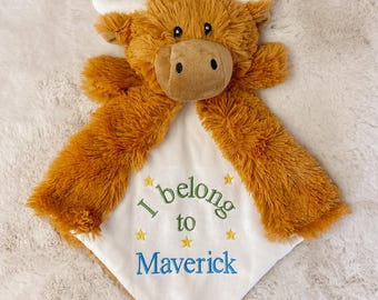 Personalized Highland Cow Lovey Blanket: Embroidered Baby Security Blanket
