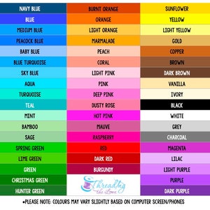 May include: A color chart featuring three columns of rectangular swatches with text labels including navy blue, sunflower, burnt orange, copper, black, white, and various shades of blue, green, pink, and purple, with a logo at the bottom.