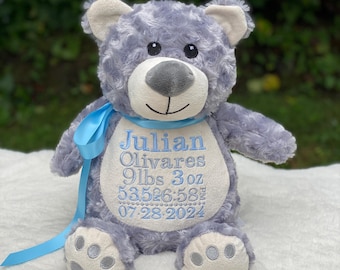 Personalized Stuffed Animal Teddy Bear, New Baby Gift, Gray