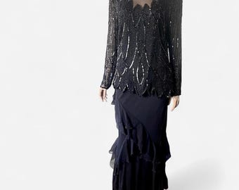 Vintage fairy formal black silk sequin beaded top blouse