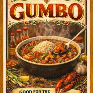 Konsttryck med Louisiana Gumbo | Väggkonst med Gumbo | Södra köksinredning | Konstverk med Cajun-mat