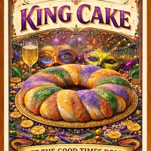 May include: A colorful illustration of a Louisiana King Cake, a ring-shaped pastry with purple, green, and gold sprinkles. The image includes a glass of champagne, Mardi Gras masks, and the text "Louisiana King Cake" and "Let the Good Times Roll!"