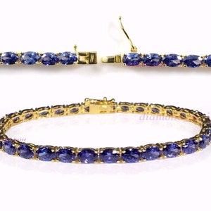 Yellow Gold on Solid 925 Sterling Silver 16ct TGW AAA Tanzanite Oval-Shape Tennis Bracelet