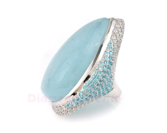 SIZE6789 BIG POWERFUL STUNNING 54mm blue aquamarine cocktail ring 925 sterling silver on white gold, an absolute attention grabber