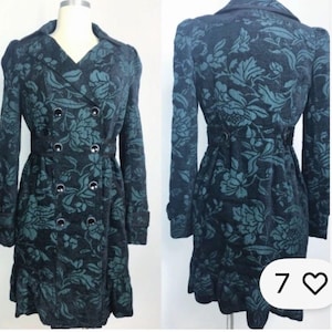 Elevenses from Anthropologie Quilted Double Breasted Pea Coat w Emerald Brocade image 1